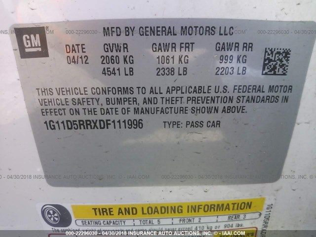 1G11D5RRXDF111996 - 2013 CHEVROLET MALIBU 1LT თეთრი ფოტო 9