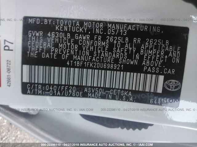 4T1BF1FK2DU698921 - 2013 TOYOTA CAMRY L/SE/LE/XLE WHITE photo 9
