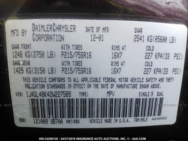 1J4GL48K42W227589 - 2002 JEEP LIBERTY SPORT 栗色 照片 9