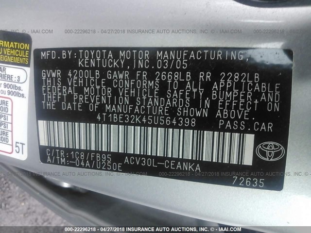 4T1BE32K45U564398 - 2005 TOYOTA CAMRY LE/XLE/SE ვერცხლისფერი ფოტო 9