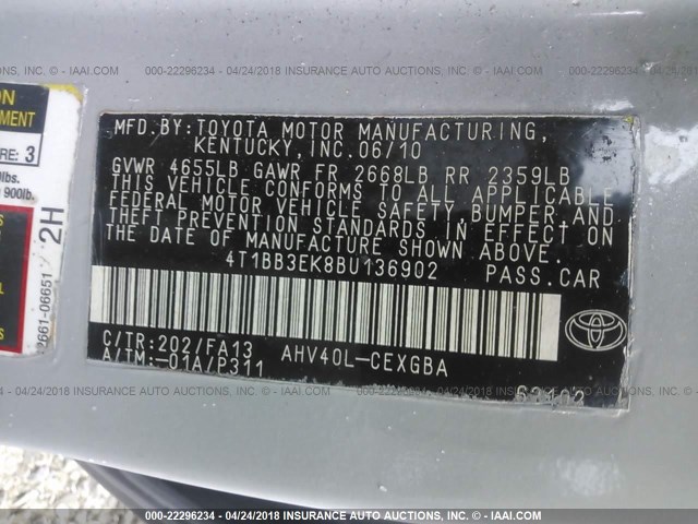 4T1BB3EK8BU136902 - 2011 TOYOTA CAMRY HYBRID SILVER photo 9