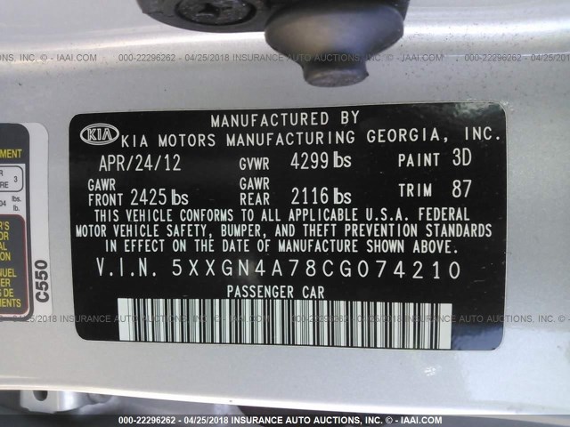 5XXGN4A78CG074210 - 2012 KIA OPTIMA EX SILVER photo 9