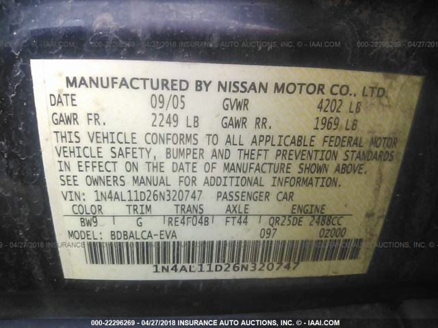 1N4AL11D26N320747 - 2006 NISSAN ALTIMA S/SL Dark Blue photo 9