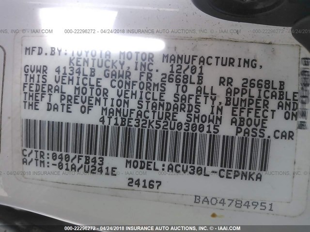 4T1BE32K52U030015 - 2002 TOYOTA CAMRY LE/XLE/SE თეთრი ფოტო 9