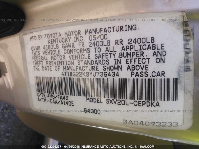 4T1BG22K9YU736434 - 2000 TOYOTA CAMRY CE/LE/XLE 棕色 照片 9