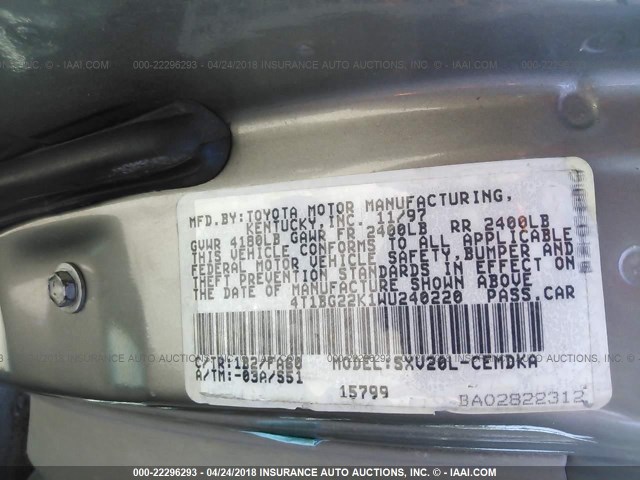 4T1BG22K1WU240220 - 1998 TOYOTA CAMRY CE/LE/XLE 棕色 照片 9