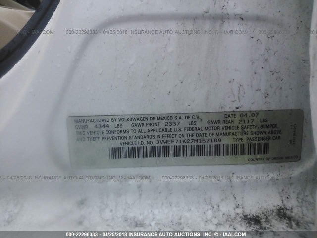 3VWEF71K27M157109 - 2007 VOLKSWAGEN JETTA WOLFSBURG 白色 照片 9