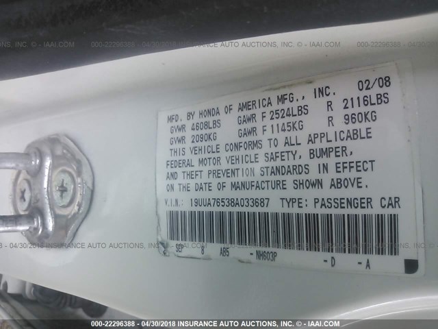 19UUA76538A033687 - 2008 ACURA TL TYPE S WHITE photo 9