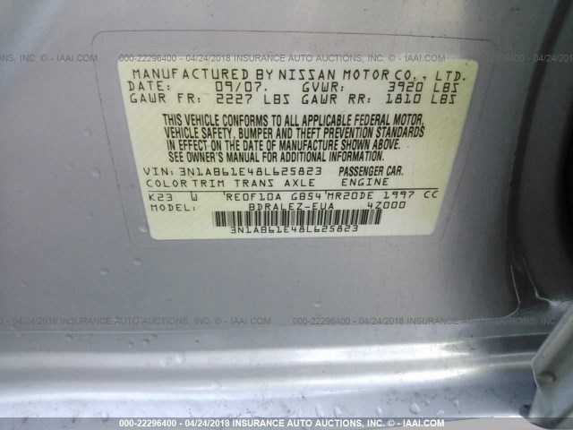 3N1AB61E48L625823 - 2008 NISSAN SENTRA 2.0/2.0S/2.0SL SILVER photo 9