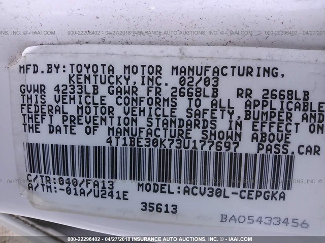 4T1BE30K73U177697 - 2003 TOYOTA CAMRY LE/XLE/SE თეთრი ფოტო 9