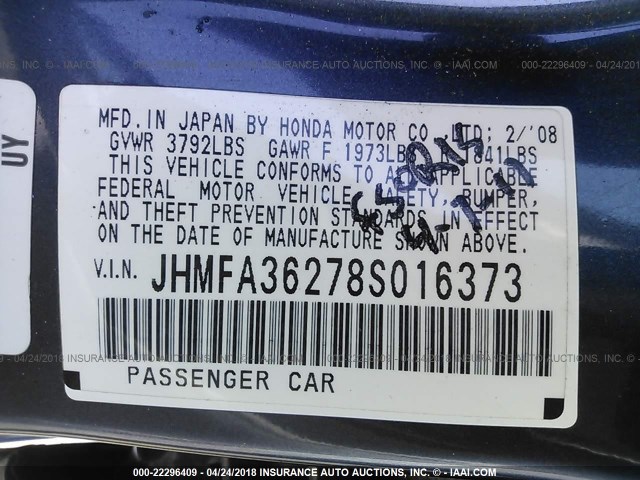 JHMFA36278S016373 - 2008 HONDA CIVIC HYBRID Dark Blue photo 9