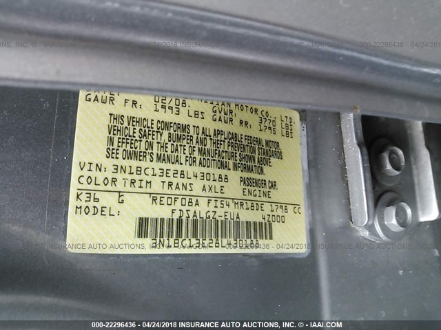 3N1BC13E28L430188 - 2008 NISSAN VERSA S/SL GRAY photo 9