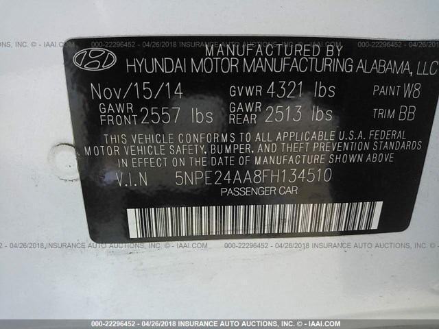 5NPE24AA8FH134510 - 2015 HYUNDAI SONATA ECO WHITE photo 9