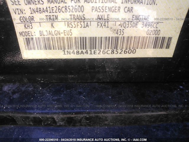 1N4BA41E26C852600 - 2006 NISSAN MAXIMA SE/SL BLACK photo 9