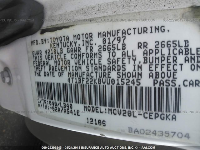 4T1BF22K8VU015245 - 1997 TOYOTA CAMRY CE/LE/XLE WHITE photo 9