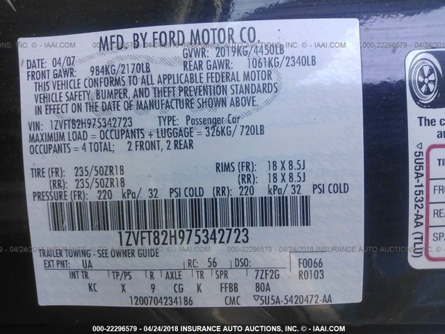 1ZVFT82H975342723 - 2007 FORD MUSTANG GT BLACK photo 9