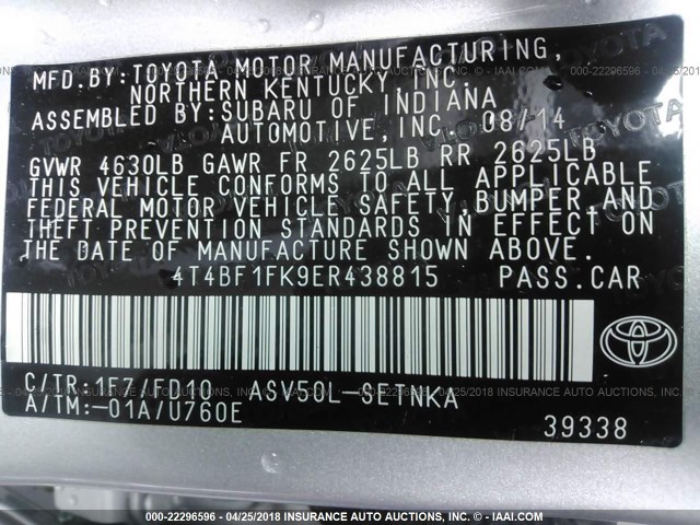 4T4BF1FK9ER438815 - 2014 TOYOTA CAMRY L/SE/LE/XLE SILVER photo 9