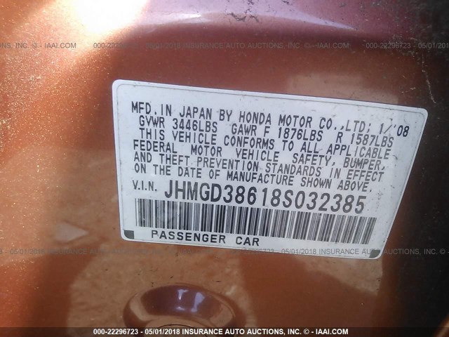 JHMGD38618S032385 - 2008 HONDA FIT SPORT ORANGE photo 9