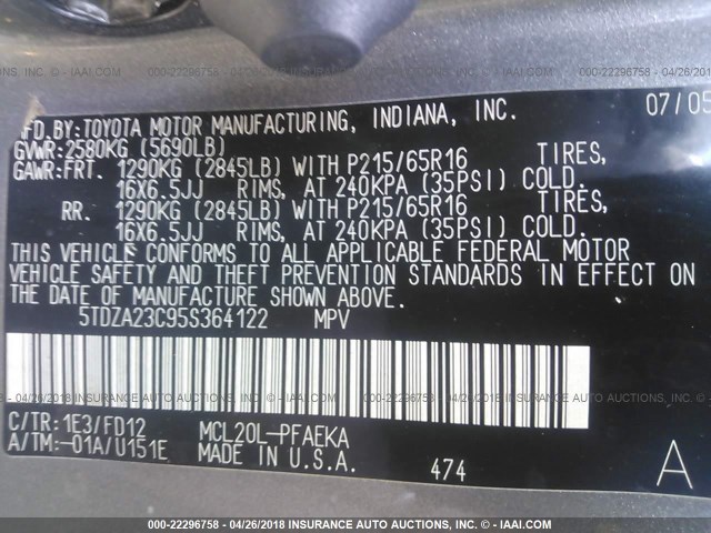 5TDZA23C95S364122 - 2005 TOYOTA SIENNA CE/LE GRAY photo 9