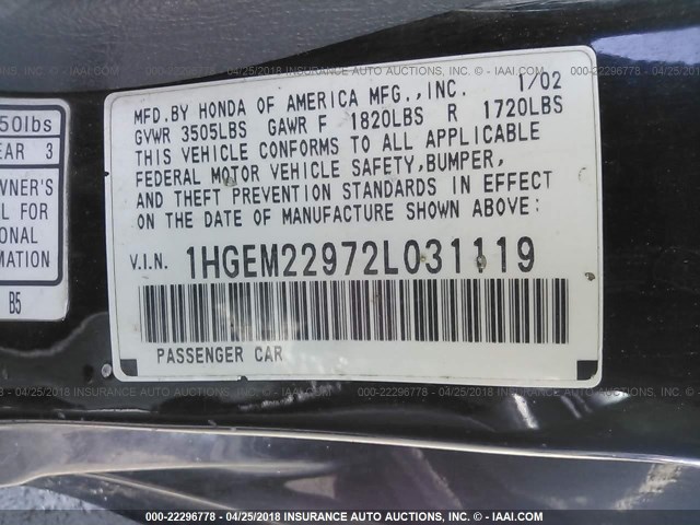 1HGEM22972L031119 - 2002 HONDA CIVIC EX BLACK photo 9