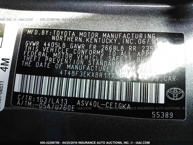 4T4BF3EKXBR117343 - 2011 TOYOTA CAMRY SE/LE/XLE GRAY photo 9