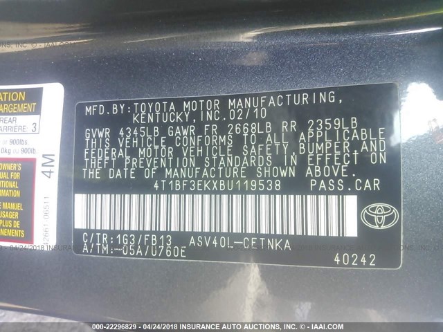 4T1BF3EKXBU119538 - 2011 TOYOTA CAMRY SE/LE/XLE 灰色 照片 9