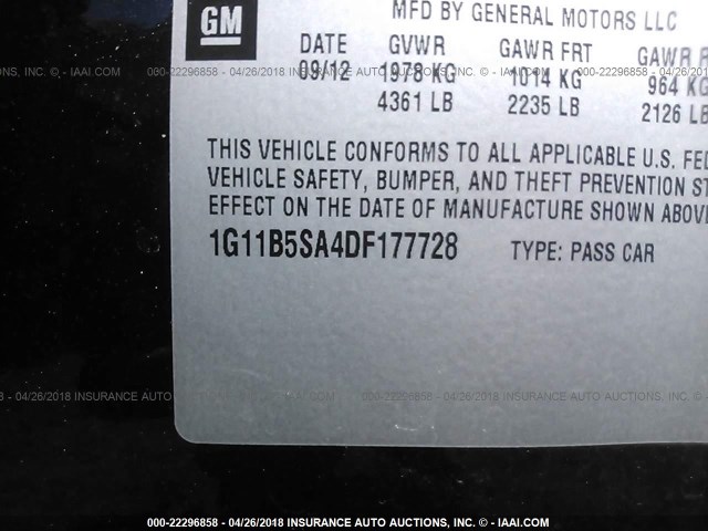 1G11B5SA4DF177728 - 2013 CHEVROLET MALIBU LS შავი ფოტო 9