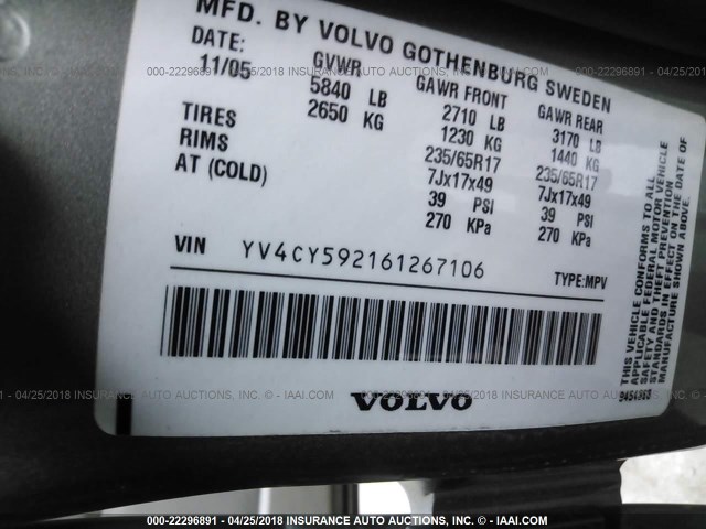 YV4CY592161267106 - 2006 VOLVO XC90 GREEN photo 9