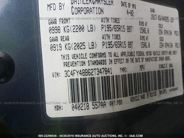 3C4FY48B62T347841 - 2002 CHRYSLER PT CRUISER CLASSIC 蓝色 照片 9