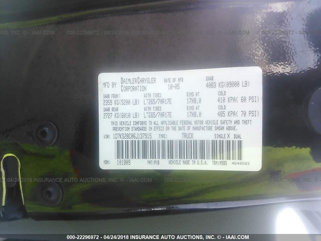 1D7KS28C06J137915 - 2006 DODGE RAM 2500 ST/SLT BLACK photo 9