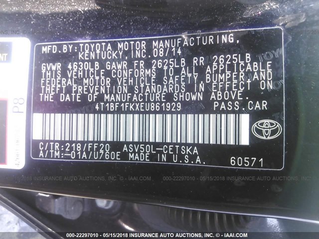 4T1BF1FKXEU861929 - 2014 TOYOTA CAMRY L/SE/LE/XLE 黑色 照片 9