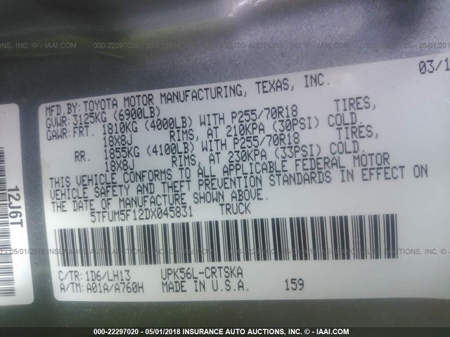 5TFUM5F12DX045831 - 2013 TOYOTA TUNDRA DOUBLE CAB SR5 SILVER photo 9