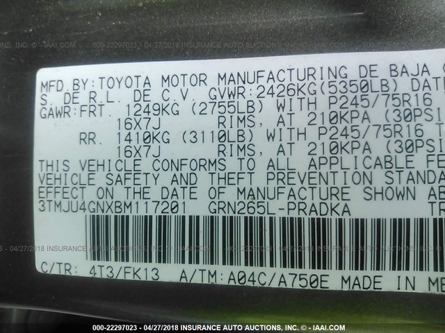 3TMJU4GNXBM117201 - 2011 TOYOTA TACOMA DOUBLE CAB PRERUNNER GRAY photo 9