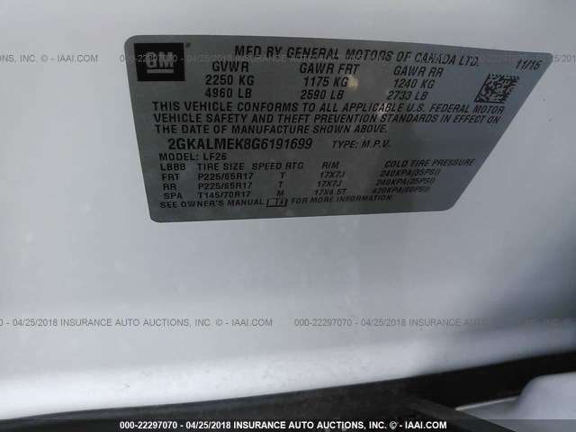 2GKALMEK8G6191699 - 2016 GMC TERRAIN SLE WHITE photo 9