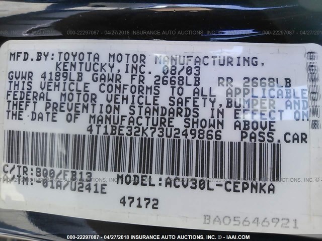 4T1BE32K73U249866 - 2003 TOYOTA CAMRY LE/XLE/SE ლურჯი ფოტო 9