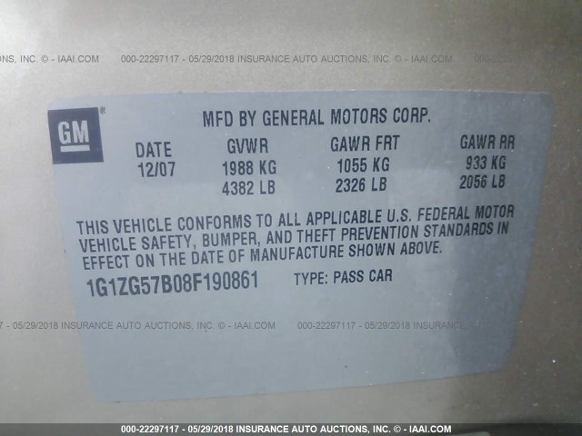 1G1ZG57B08F190861 - 2008 CHEVROLET MALIBU LS 金色 照片 9