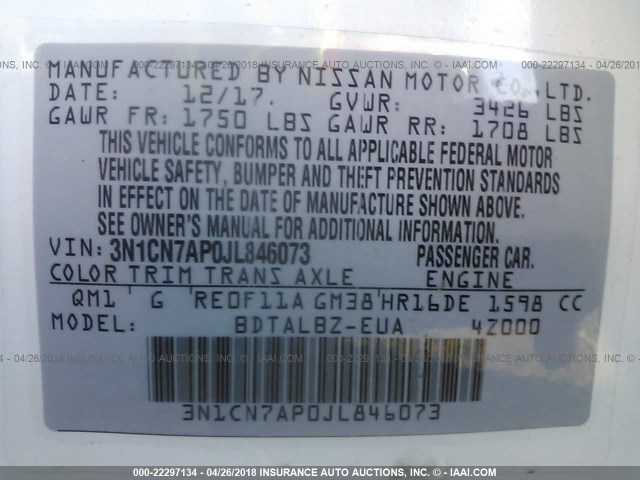 3N1CN7AP0JL846073 - 2018 NISSAN VERSA S/S PLUS/SV/SL WHITE photo 9