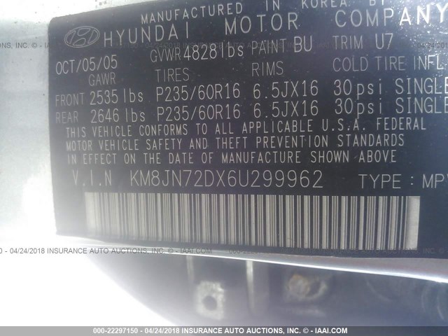 KM8JN72DX6U299962 - 2006 HYUNDAI TUCSON GLS/LIMITED ვერცხლისფერი ფოტო 9