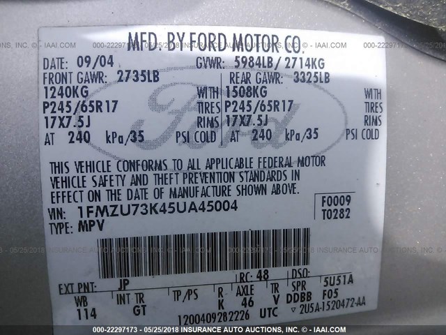 1FMZU63K45UA45004 - 2005 FORD EXPLORER XLT/XLT SPORT/NBX 银色 照片 9