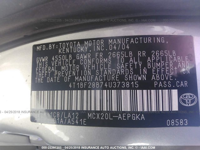 4T1BF28B74U373815 - 2004 TOYOTA AVALON XL/XLS SILVER photo 9