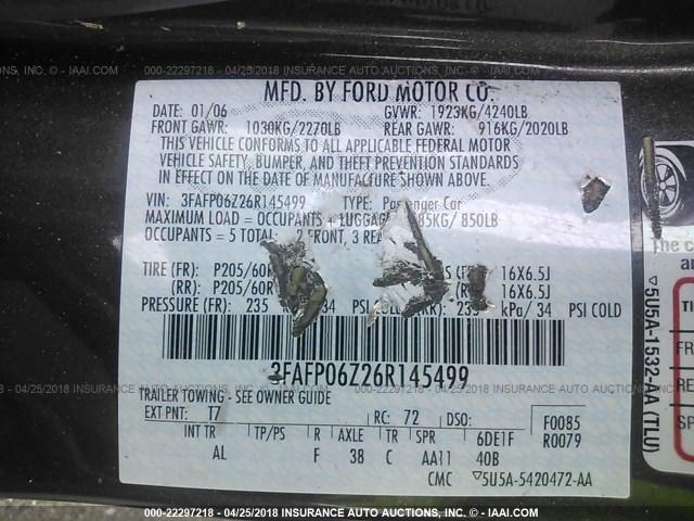 3FAFP06Z26R145499 - 2006 FORD FUSION S BROWN photo 9