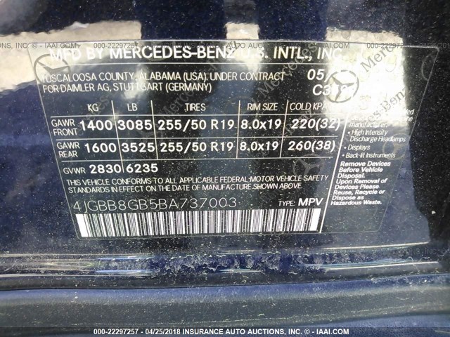 4JGBB8GB5BA737003 - 2011 MERCEDES-BENZ ML 350 4MATIC BLUE photo 9