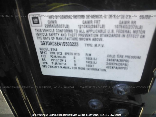 3G7DA03E41S503223 - 2001 PONTIAC AZTEK BLACK photo 9