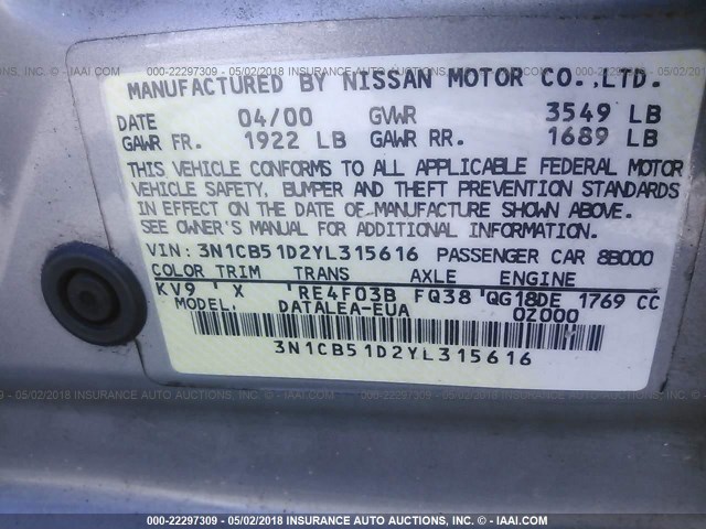 3N1CB51D2YL315616 - 2000 NISSAN SENTRA XE/GXE SILVER photo 9