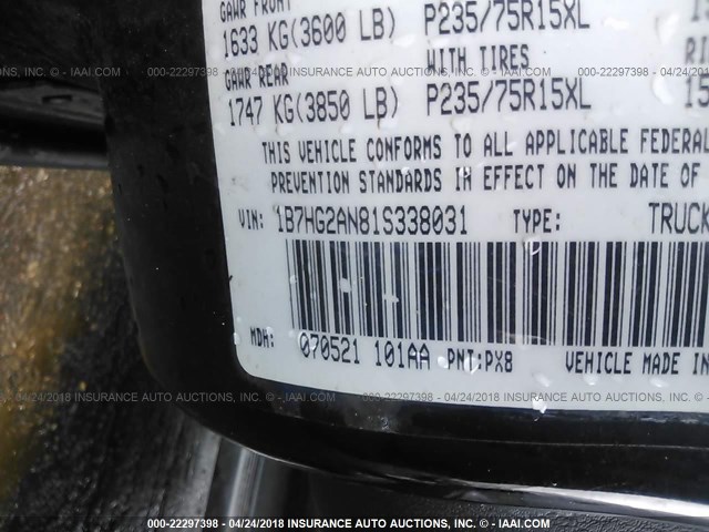 1B7HG2AN81S338031 - 2001 DODGE DAKOTA QUAD BLACK photo 9