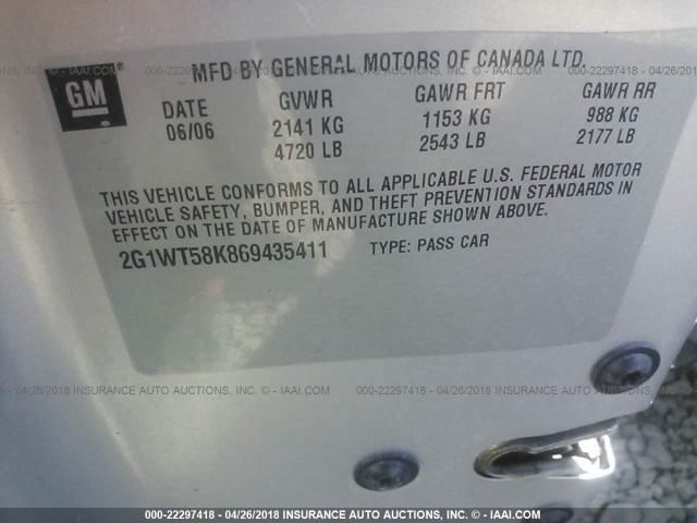 2G1WT58K869435411 - 2006 CHEVROLET IMPALA LT SILVER photo 9