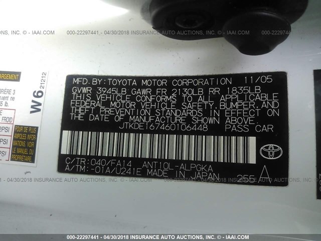 JTKDE167460106448 - 2006 TOYOTA SCION TC 白色 照片 9