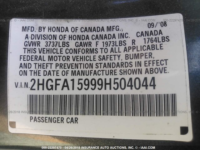 2HGFA15999H504044 - 2009 HONDA CIVIC EXL ნაცრისფერი ფოტო 9