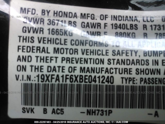 19XFA1F6XBE041240 - 2011 HONDA CIVIC LX-S BLACK photo 9