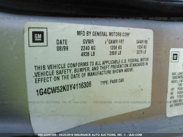 1G4CW52K0Y4116306 - 2000 BUICK PARK AVENUE  GRAY photo 9